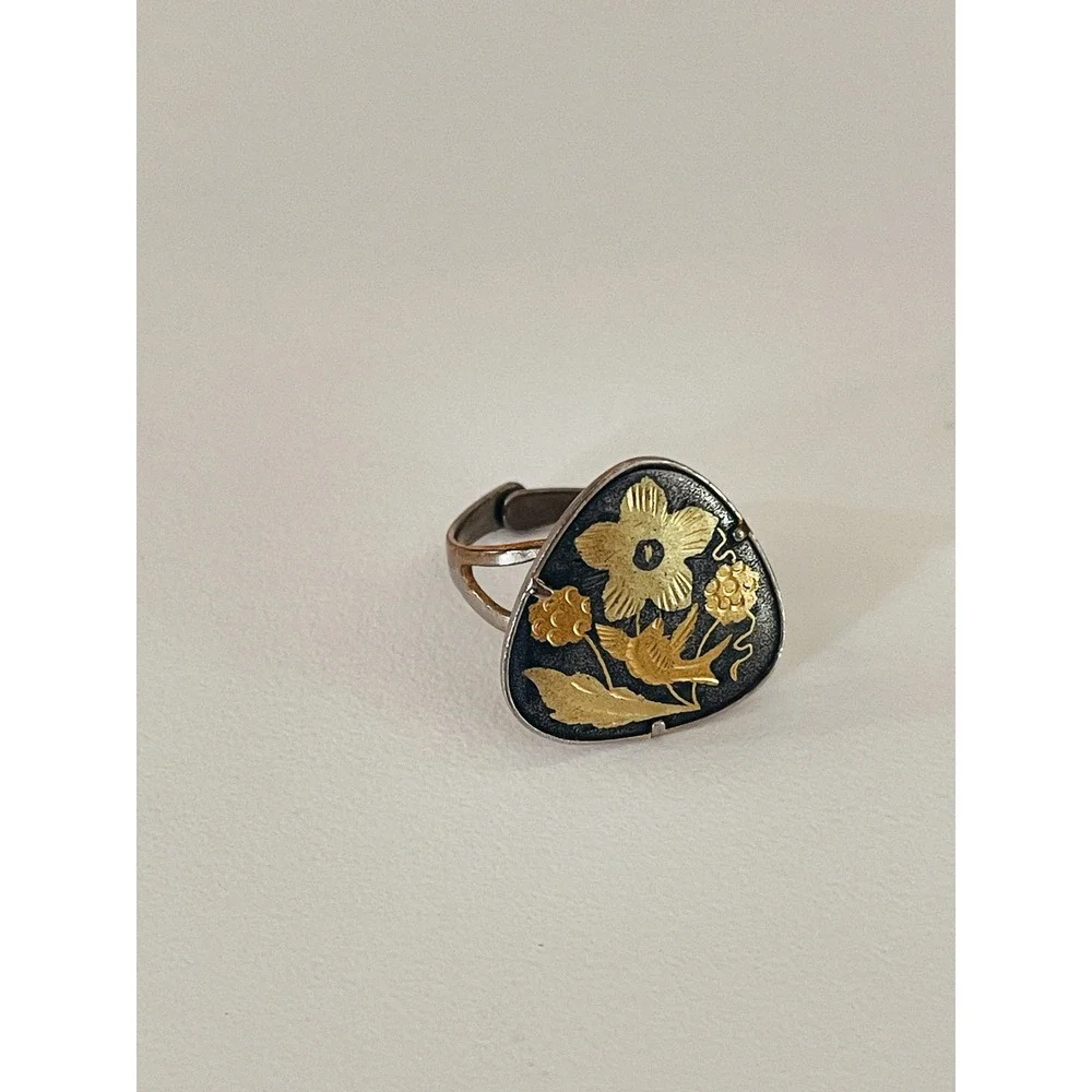 Vintage Damascene Style Whimsigoth Adjustable Ring Gold Tone Flower Sparrow